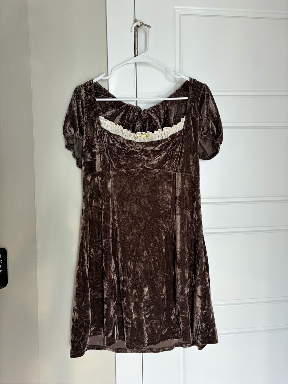 Kimchi Blue Brown Velvet Mini Dress with Cream Ruffle